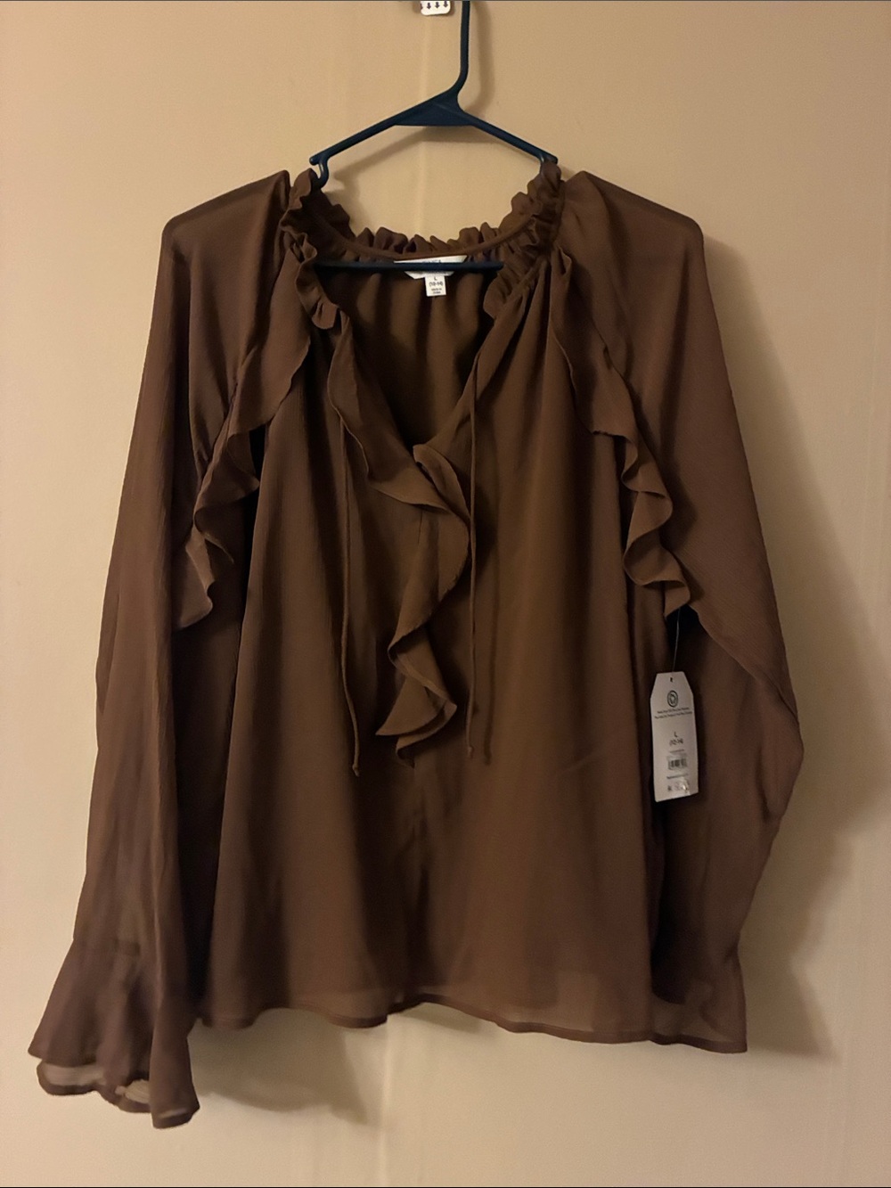 Womens Ruffle Tie-Neck Blouse - Brown